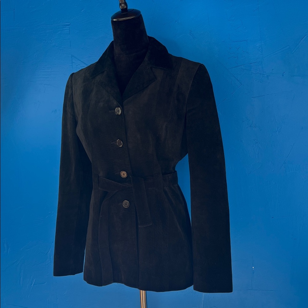 Searle Black Women's Suede Jacket button‎ front waist tie sleek moto
